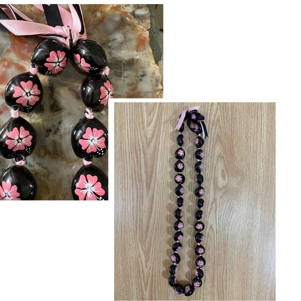 🌸 Pink Hibiscus Black/Pink Large Beaded Handmade Necklace with Silk Ribbon